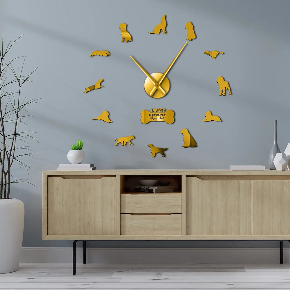 

English Springer Spaniel Dog Breed Modern 3D Wall Clock With Different Postures Mirror Numbers Stickers Pet Shop Wall Art Decor