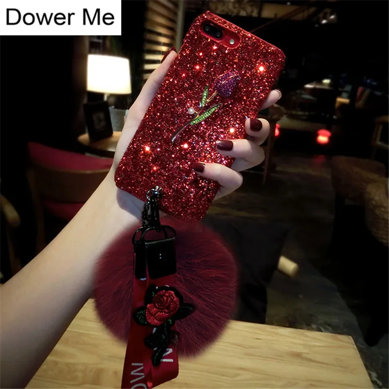 

Diamond Rose Soft Fox Fur Ball Bling Glitter Case Cover With Two Flower Strap For Iphone 12 Mini 11 Pro Max XS Max XR X 8 7 Plus