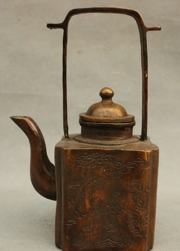 

S2386 Folk China Chinese Bronze Carved Old Man Tree Statue Handle Teapot Wine Pot D0318