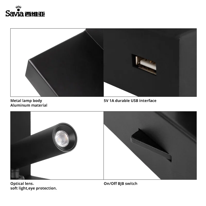 USB Светодиодная лампа для чтения Savia 3 Вт алюминиевая настенная отеля