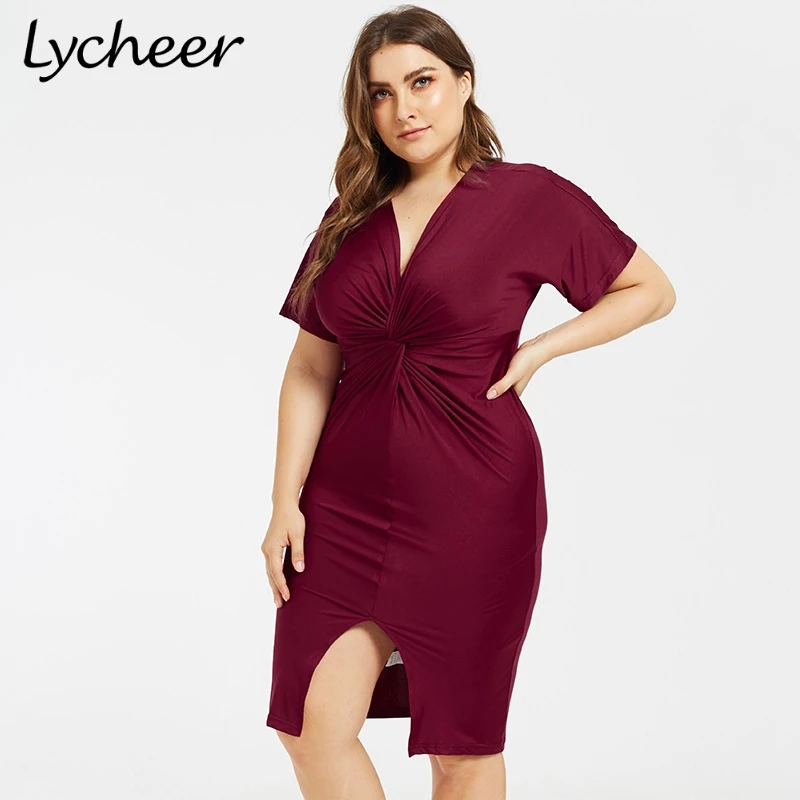 

Lycheer Sexy plus size cross v neck dress Short sleeve split black club dresses Summer casual stretch party solid vestidos 2019