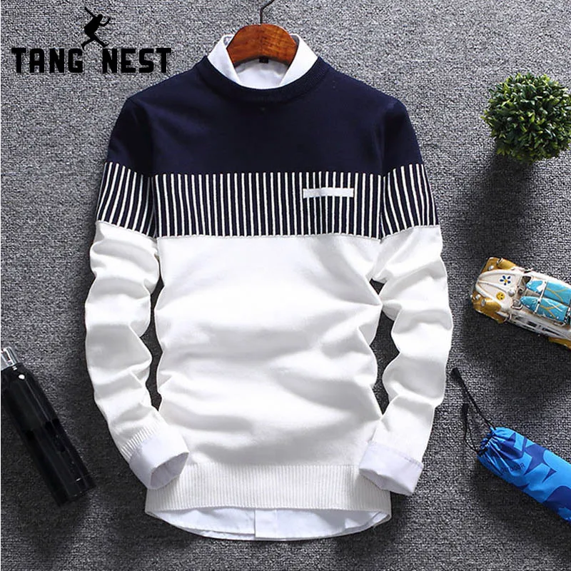 

TANGNEST Autumn Winter Men Sweater 2018 New Design Fashion Sweater O-collar Warm Sweater 2 Stitching Colors Asian Size MZL792