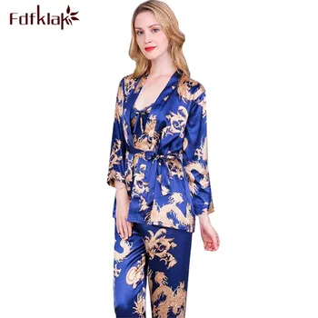 

Fdfklak 3 pieces pajamas women sleepwear set long sleeve silk satin pyjamas women home clothes sexy pijamas sets pijama mujer