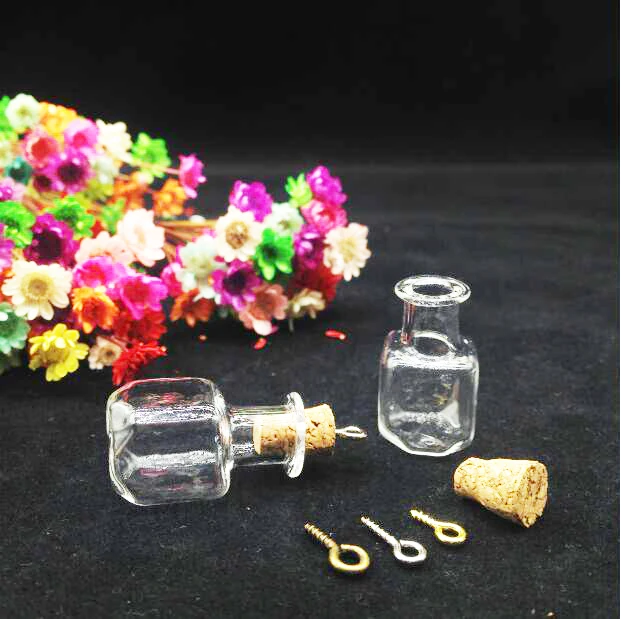

10pcs/lot cube Mini Empty Wishing Bottle vial Pendants Perfume essential oil Cork Plug Glass Hand-Blown jewelry Necklace