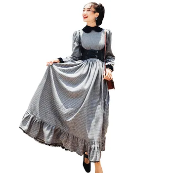 

2019 autumn winter new vintage style plaid dress female long sleeve ruffles sweet peter pan collar dress free sashes gx1558