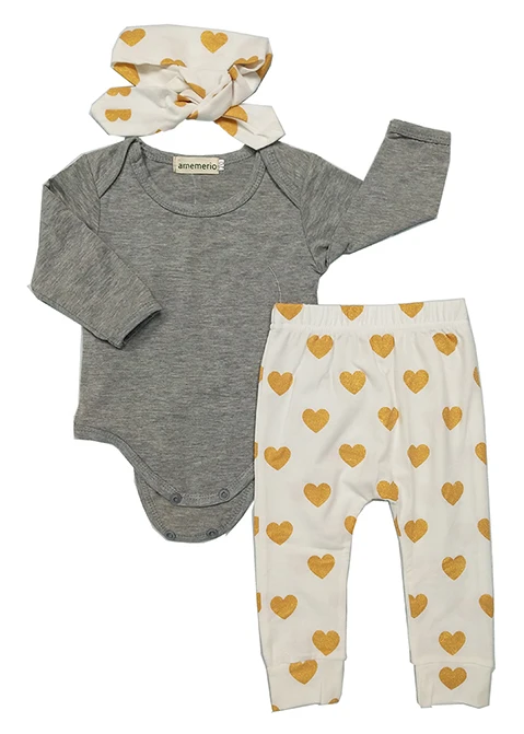 Jual Baru Lahir Bayi Bebe Bayi Gadis Pakaian Lengan Panjang Abu abu Merah Hati Atasan Keemasan Cinta Celana Headband 3 Pcs Bayi Perempuan pakaian Set