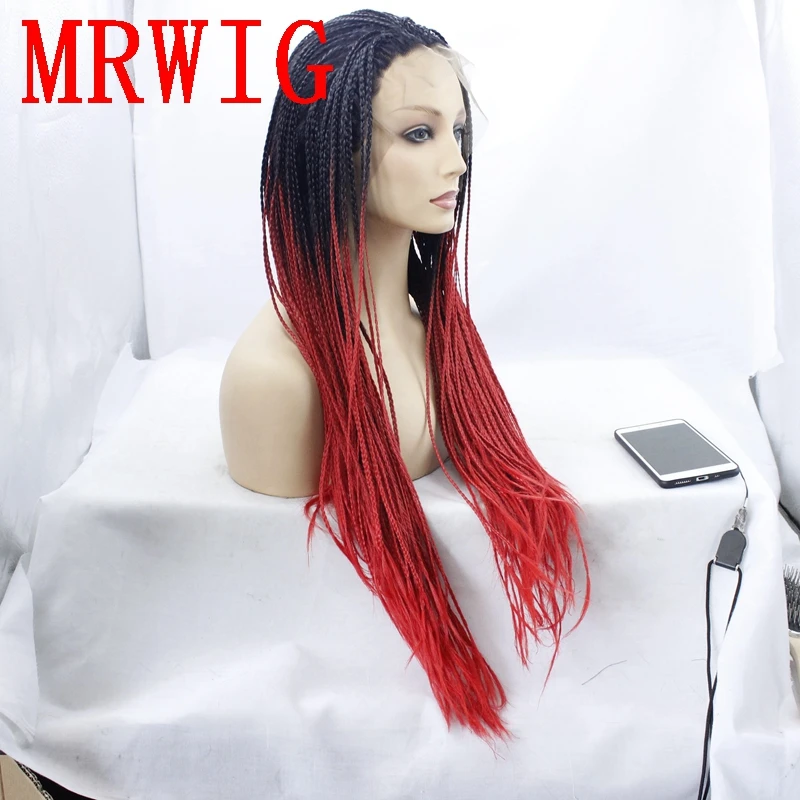 

MRWIG 1b# Ombre Red Hair Braided Box Braids Wig Free Part Dark Roots Synthetic Glueless Front Wig 26inch250%Density Combs Straps