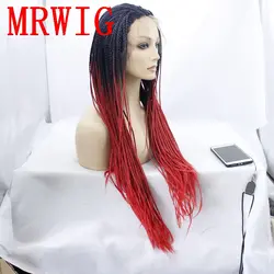 MRWIG 1b # Ombre красный волос плетеный ящик косы парик бесплатная часть темные корни химическое Glueless парик фронта 26inch250% плотность расчески ремни