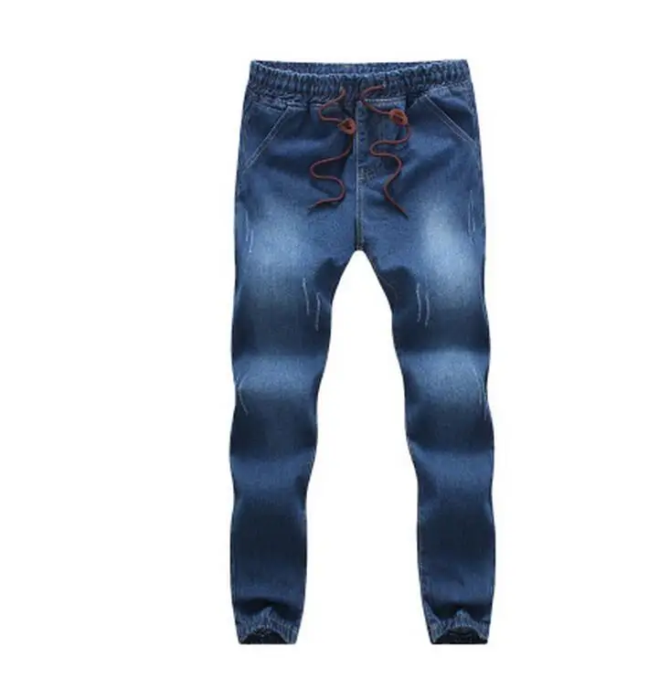 Мода г. Повседневное однотонные синие джинсы джоггеры эластичный пояс шнурок для мужчин промывают хип хоп дамские шаровары Лидер продаж - Цвет: Dark blue