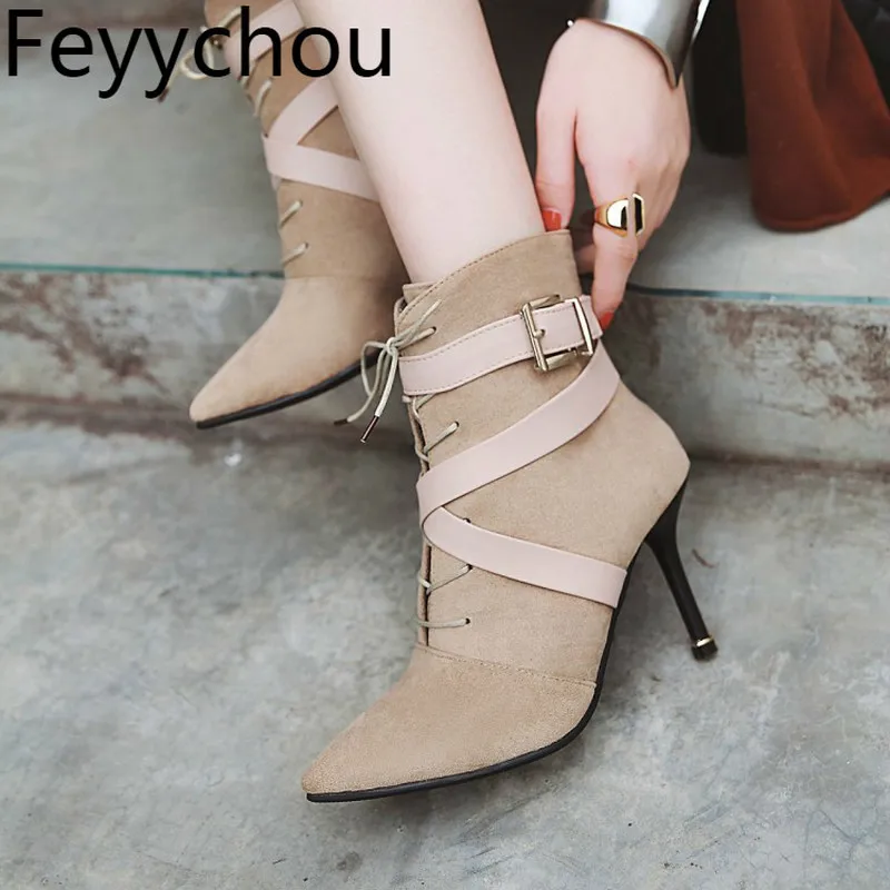 

Women Boots Super High Heel Warm Pointed Toe Zip Mid-Calf Chelsea Buckle 2018 Flock Sexy Fashion Casual Shoes Beige Gray Black