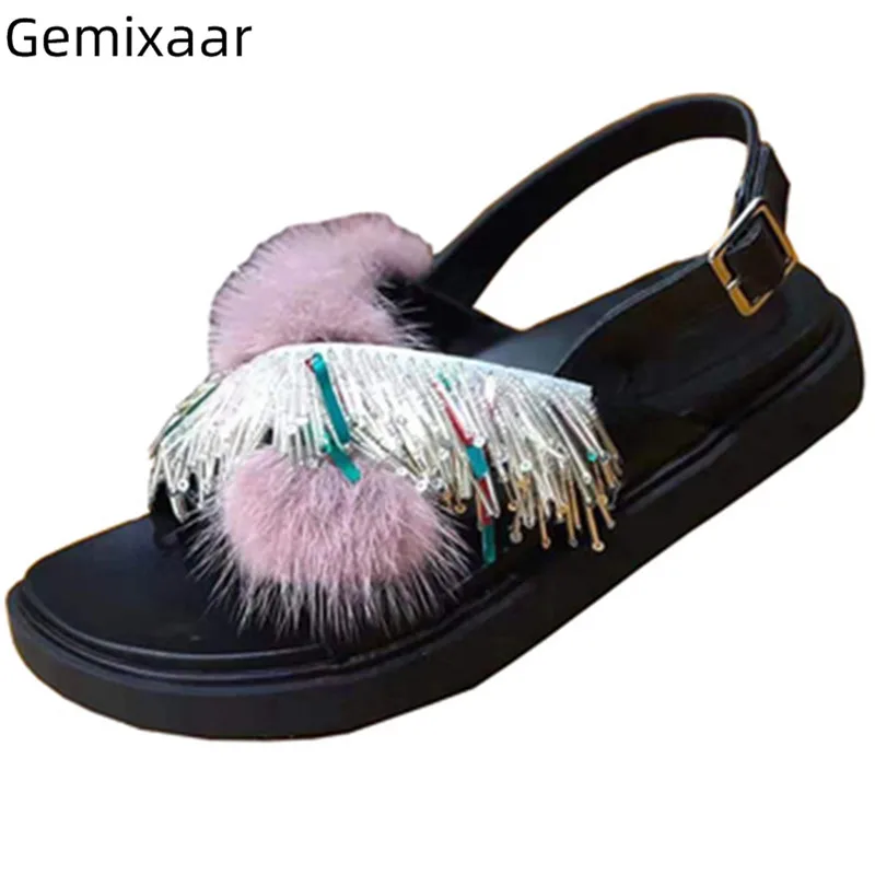 

String Bead Sandals Round Toe Decor Colorful Fur Ankle Buckle Sandalias Comfy Sheepskin Studded Jewelry Sandals Flat Platforms