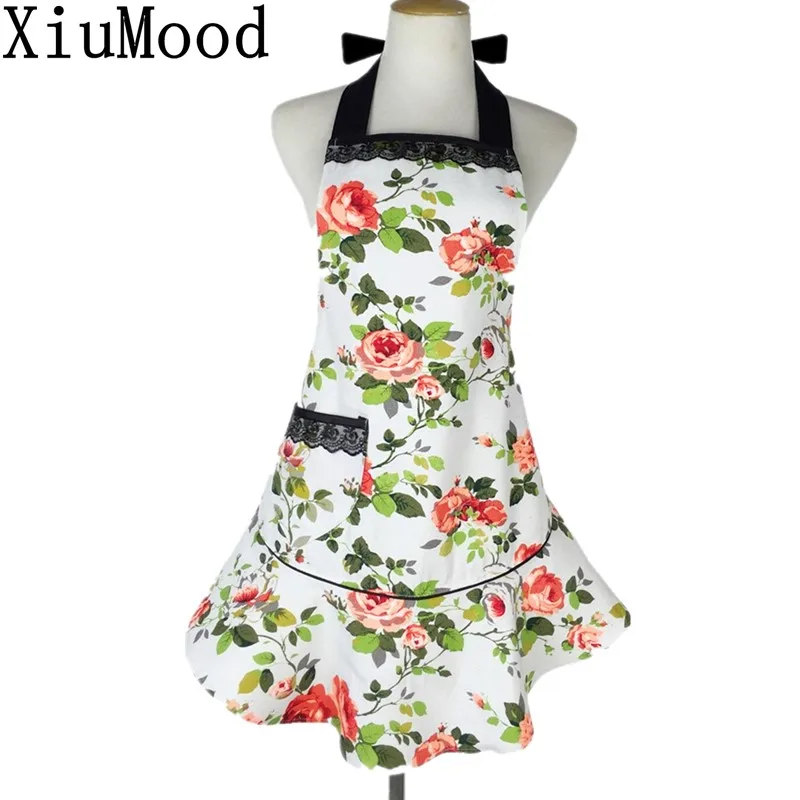 XiuMood Apron Kitchen Cooking Baking Chef Aprons For Woman Restaurant Waitress Work Bib Canvas Flowers With Black Lace Pockets
