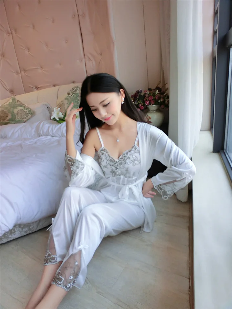 Сексуальная кружевная ночная рубашка из двух частей пижамы для женщин Весна Лето Ночное белье атласная ночнушка дешево оптом P43-180310Z