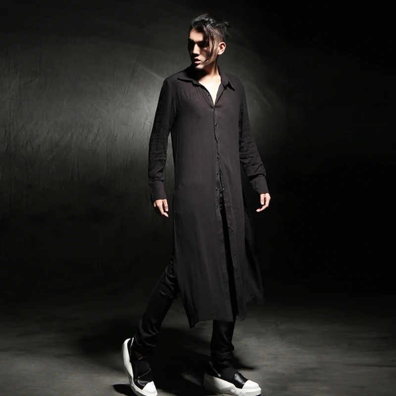 

Spring Autumn Hip hop Long shirt with split sides men Linen Long sleeve Black color XXL