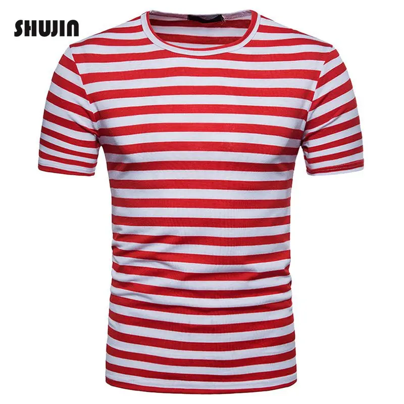 

SHUJIN Striped Patchwork T Shirts Men Short Sleeve O Neck Summer T-shirt Casual Basic Tee for Male Camisetas Hombre