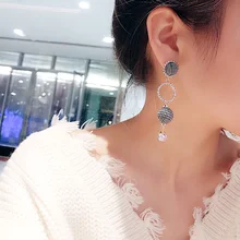 Elegant Black and White Plaid Cloth Long Tassel Dangle Drop Earrings For Women Roamntic Rhinestone Circle Girls Fashon Jewelry
