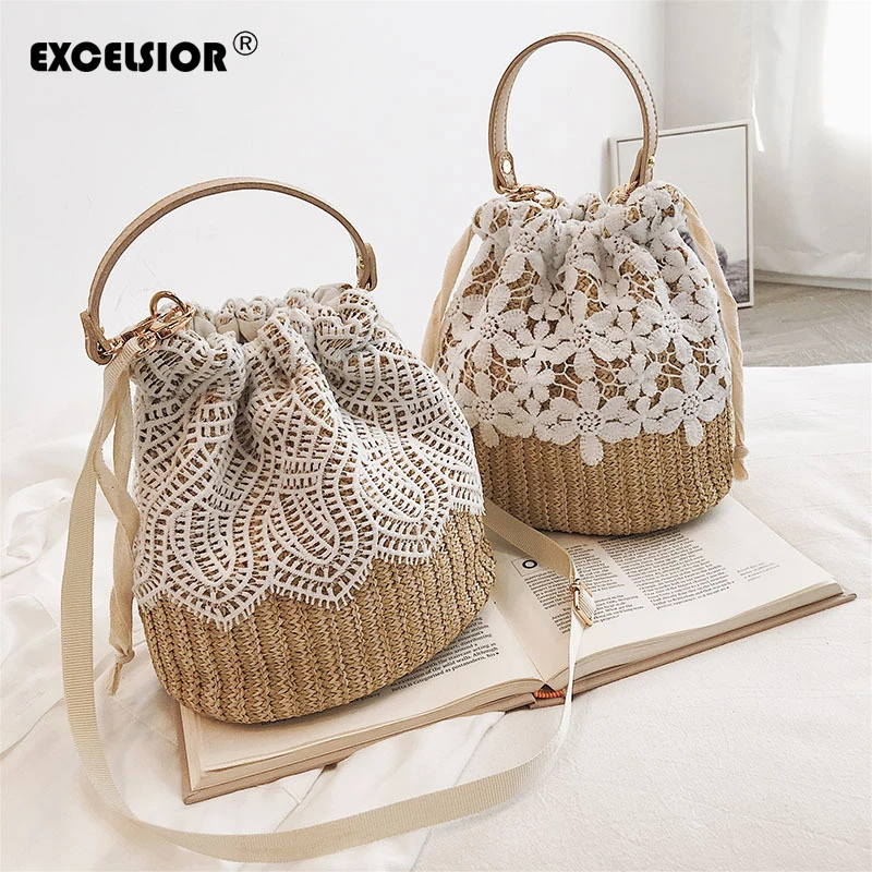 

EXCELSIOR Women's Bags New Straw Bucket Shoulder Bag Bohemian Spanish Beach Bag Women String Shopping Handbags Lace Decorate