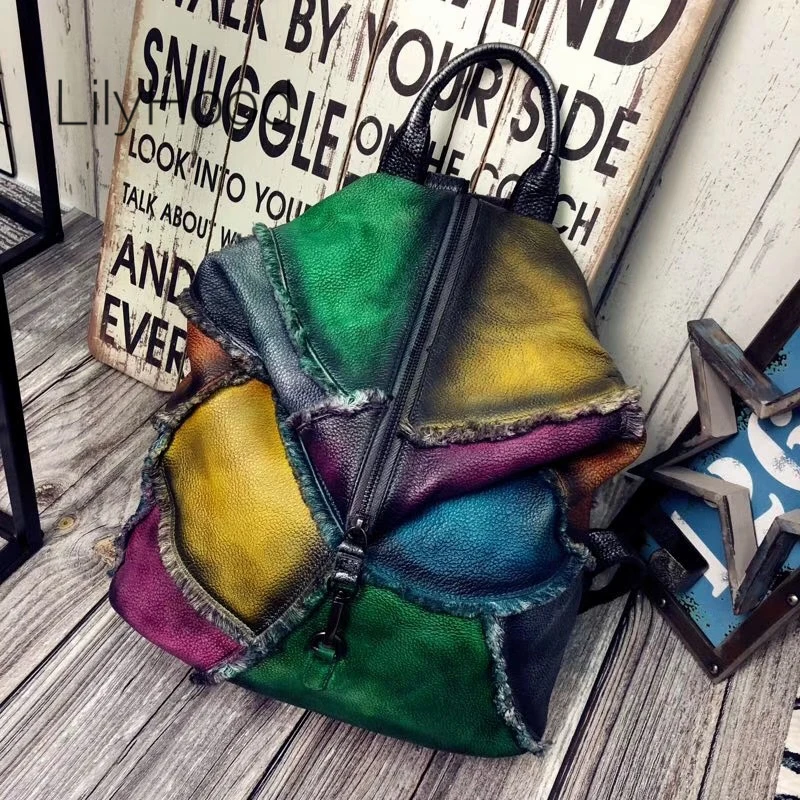 

Multicolor Genuine Leather Backpack Women High Quality Natural Leather Vintage Knapsack First Layer Leather Feminine Daypack