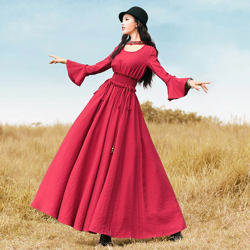 

Free Shipping Boshow 2019 New Autumn And Spring Vintage Elastic Waist One-piece Long Maxi Flare Sleeve S-L Red Dresses Women