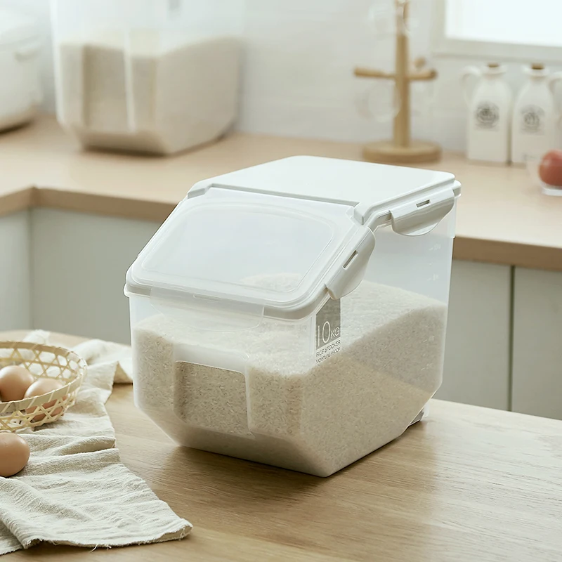 

Home Plastic Flip Cover Rice Bucket Dried Food Storage Box Free Measuring Cup Kitchen Biscuit Flour Rice Organizer Container