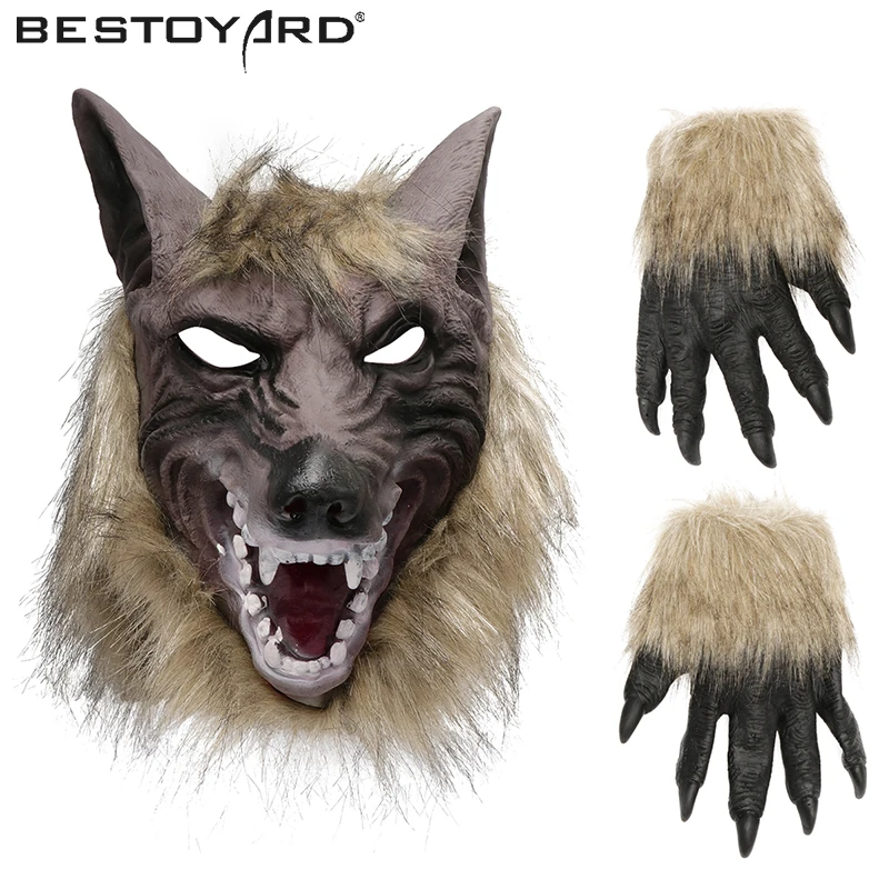 

Party Mask Adult Creepy Full Face Wolf Latex Mask and Wolf Claws Theater Prank Prop Crazy Masks Halloween Costume