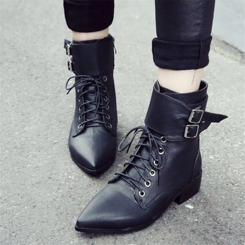 

NAYIDUYUN Women Shoes Lace Up Low Heels Motorcycle Boots Winter Warm Pointed Toe Party Platform Pumps Shoes Punk Casual Shoes