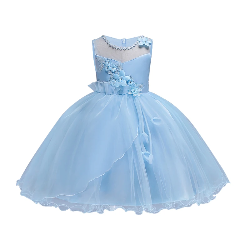 Летние платья для девочек с цветочной аппликацией детская одежда для девочек платье принцессы Нарядные платья для девочек От 2 до 10 лет, 12, 14 лет - Цвет: Небесно-голубой