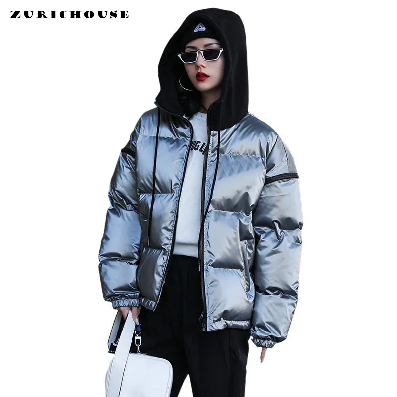 

ZURICHOUSE Glossy Women Down Jacket Winter Parkas Coat Waterproof Thick Warm Hit Color Hooded Short Puffer Jacket Female