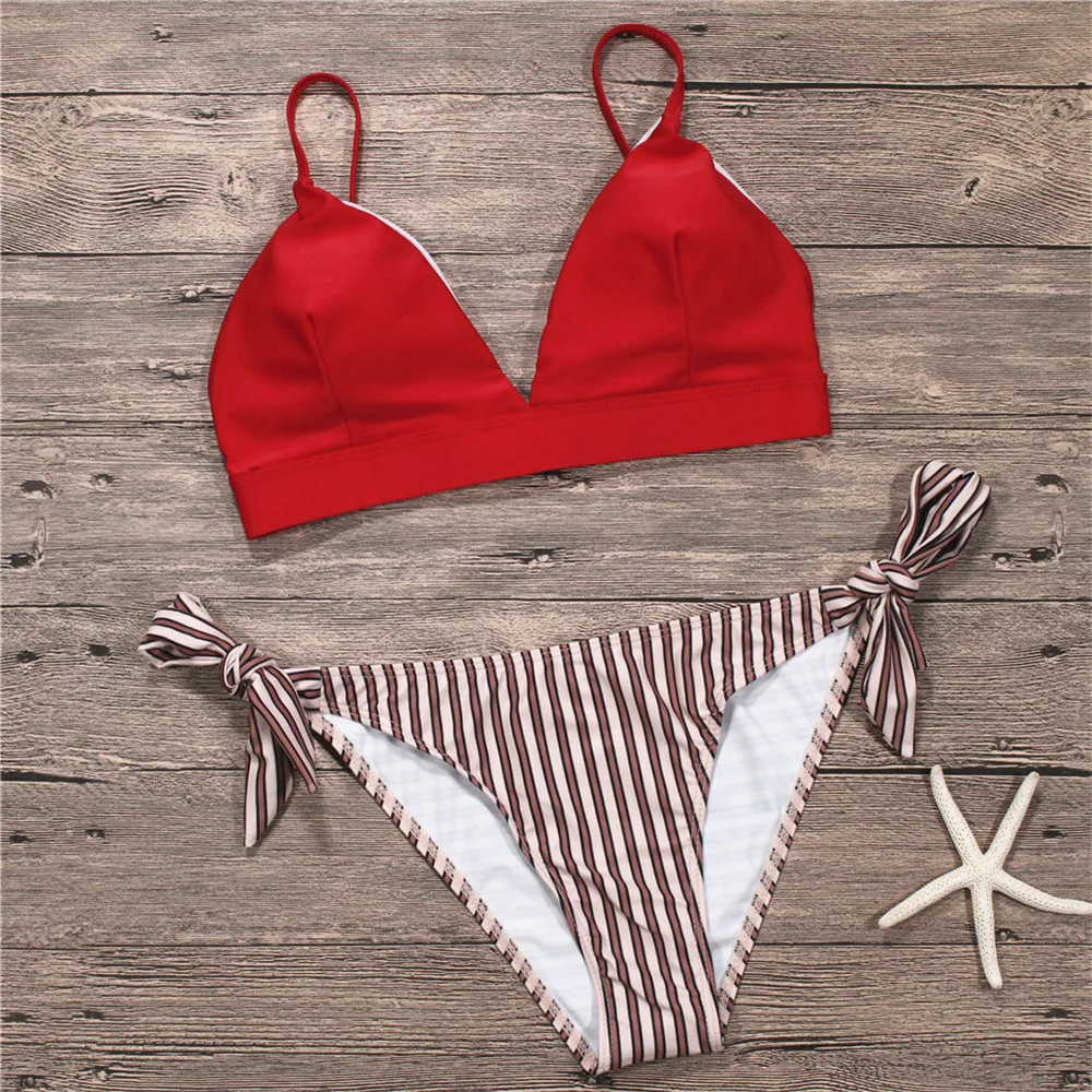 Buy Deep V Bikini Set Womens Swimsuit Striped Padded Bathing Suit Low Waist