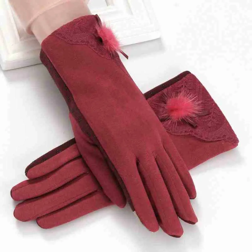 Women Autumn Winter Warm Velvet Gloves Mitten Thick Lace Bow Fashion