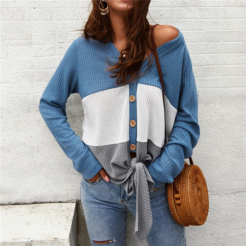 

Fashion Knit Women Tops and Blouses Elegant V Neck Long Sleeve Loose Shirt Ladies Casual chemise femme blusa feminina Streetwear