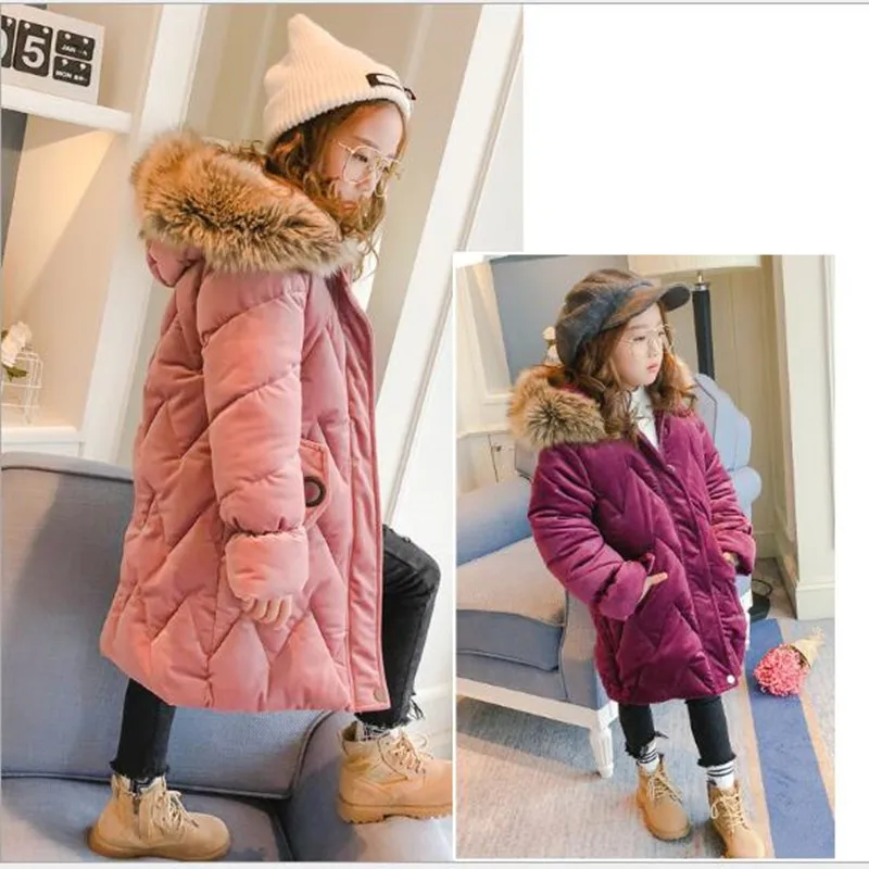 

Girl's velvety down cotton-padded coat with long hair collar and heavy hand stuffed cotton jacket girl's jacket. AN18