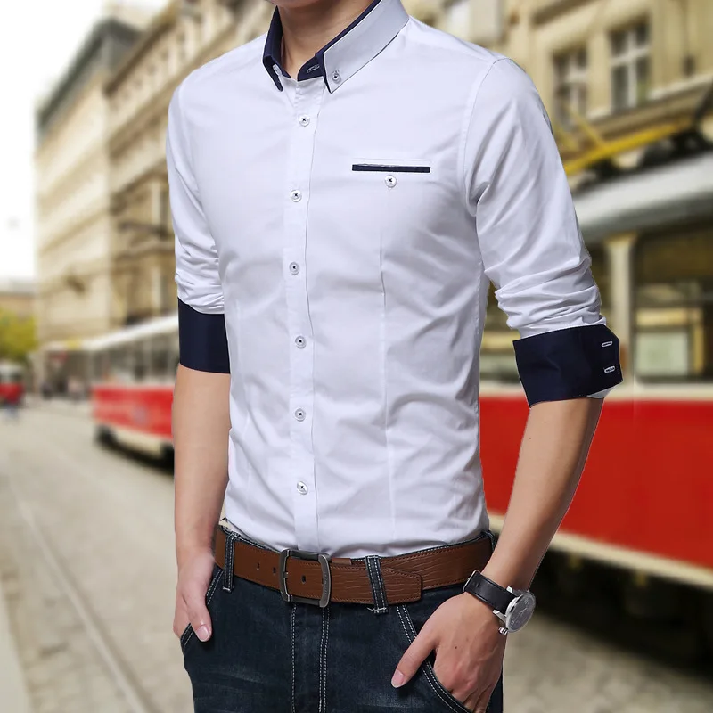 Новое поступление, Мужская Повседневная деловая рубашка с длинным рукавом, корейский стиль, одноцветная Хлопковая мужская рубашка с отложным воротником, рубашка для мужчин - Цвет: Белый