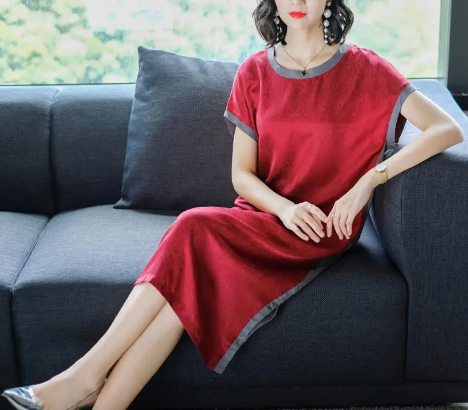 2018 Summer New Style Simple Fashion  Stripes Soft 100% Real Silk Straight Dress Female Casual Loose Short Sleeve Dress