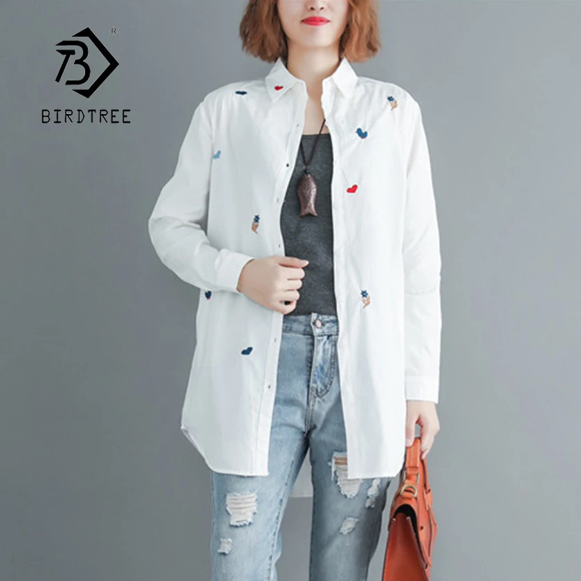 

New Arrival Women Heart Embroidery Long Cotton White Blouse Summer Full Sleeve Female White Shirt Turn-Down Collar Top T96410F