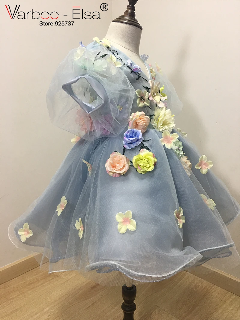 Varboo_elsa 2017 Цветочные платья для девочек для свадеб Пользовательские синий органзы Детские вечерние платья 3D аппликации Платья для причастия