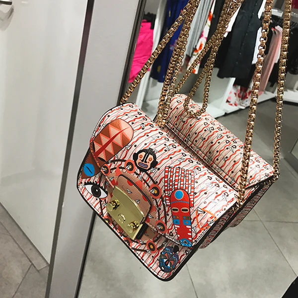 Известный итальянский бренд, женская сумка с клапаном, роскошная, стиль Лолиты, граффити, принт, дизайнерские цепи, сумки через плечо, модные женские сумки-мессенджеры