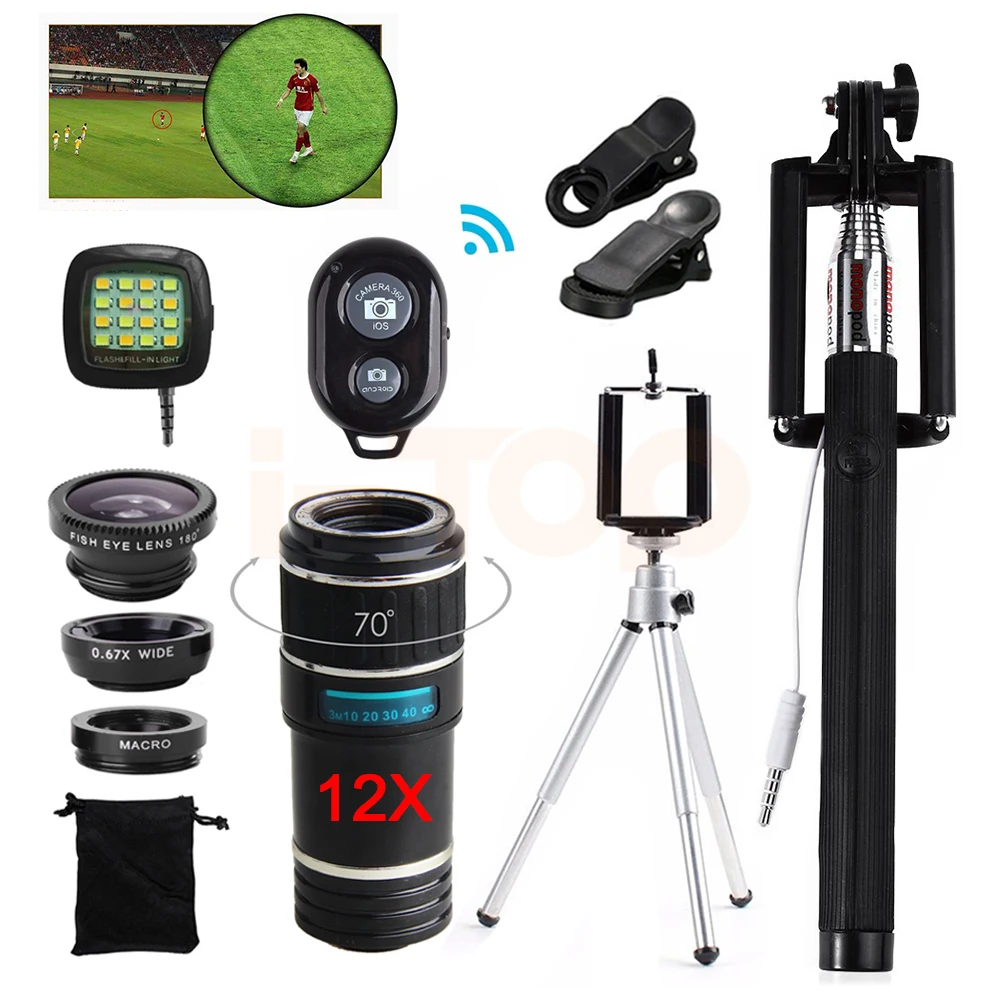 

2017 12X Telephoto Zoom Lens Telescope Fisheye Macro Wide Angle lentes Clips Tripod For Camera Phone Lenses For Samsung S6 S7 S8