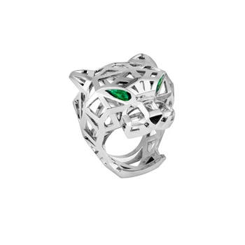 

Exquisite Tiger Leopard Head Love Rings Fashion Jewelry Hollow Green Eyed Copper Leopard Head Silver Open Ring Luxury Design