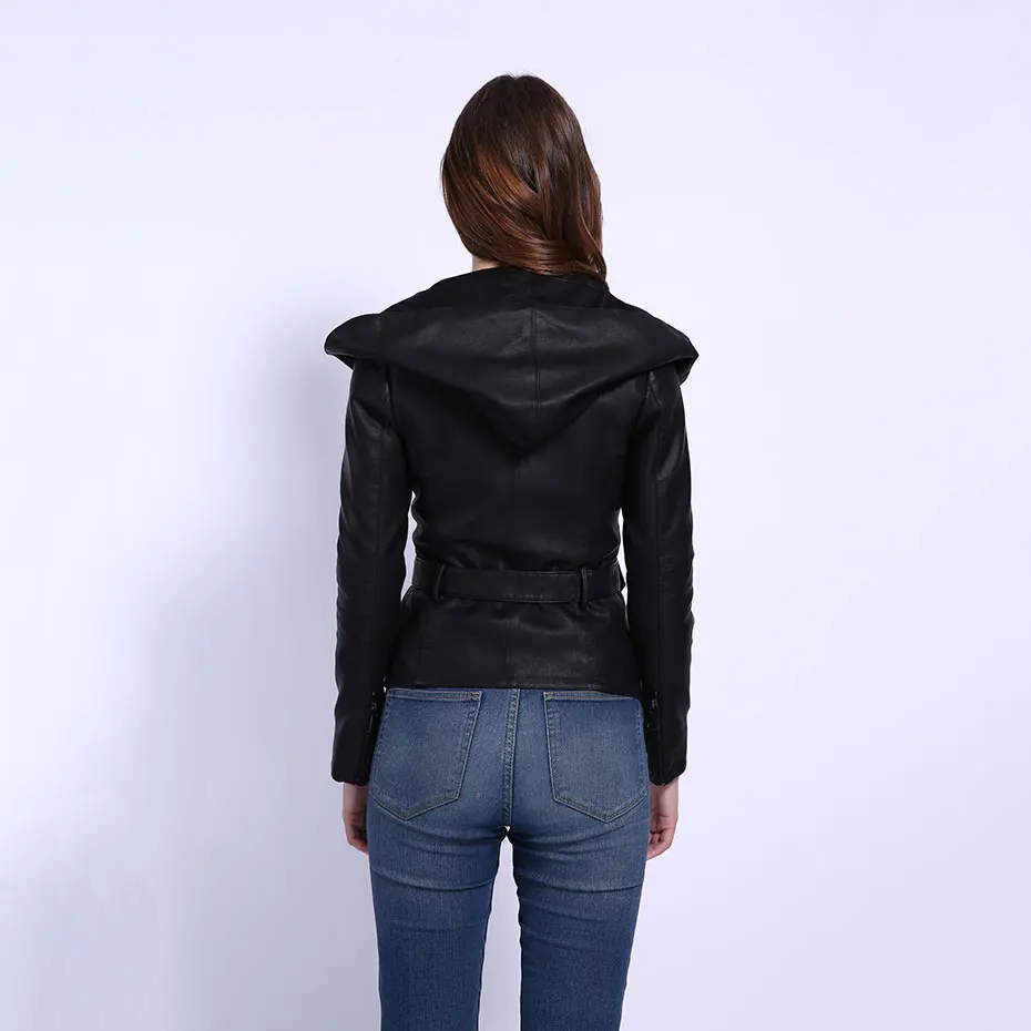 AORRYVLA 2020 New Autumn Women Slim Leather Jacket Hoodies Full Sleeve Short Length Casual Black Faux Leather Jacket With Belt