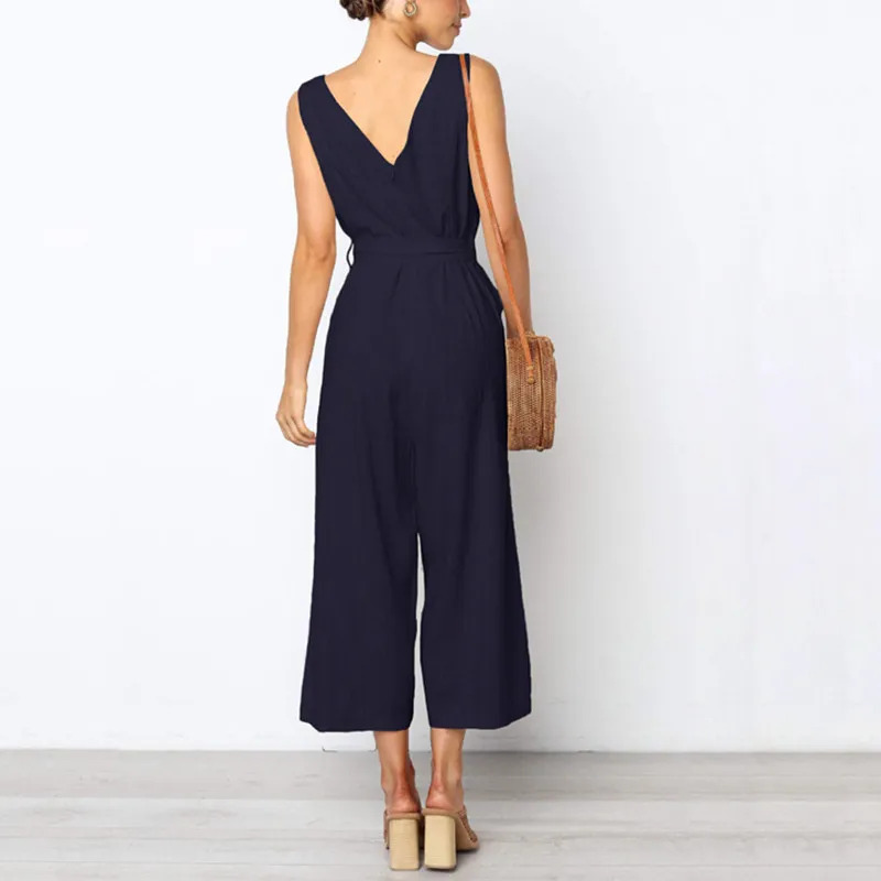 yashangyi One Piece Jumpsuit Women 2019 Summer Button Rompers Femme V-Neck Sleeveless Backless Clothing Overalls With Belt