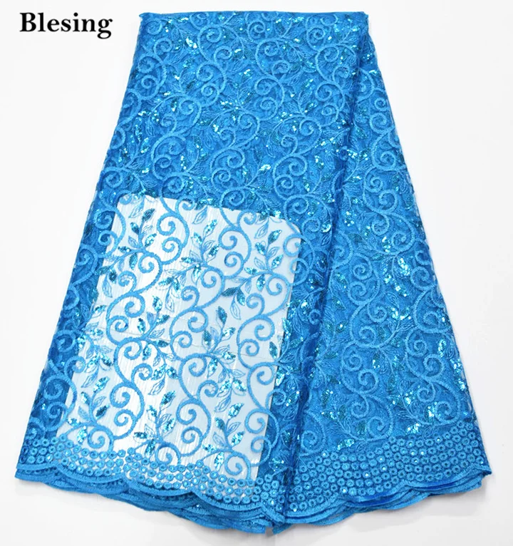 

Blesing New design dubai french lace with sequin african lace fabric sky blue French Tulle Lace Fabric for dress