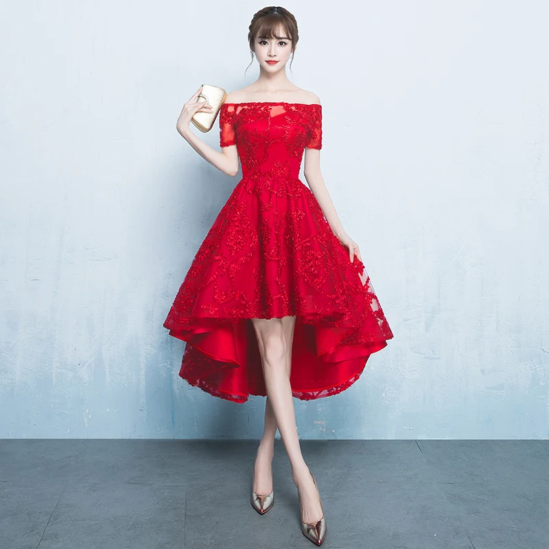 

Korea Style Red Off Shoulder Wedding Dress For Women Hot Sale Beauty Girl Graduation Gowns Noble Appliques Evening Prom Qipao