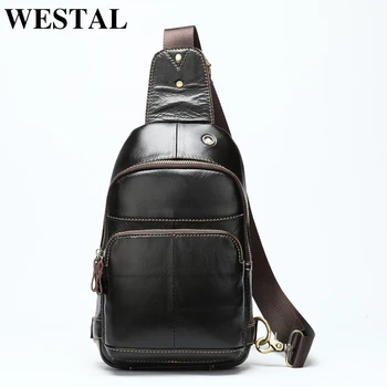 

WESTAL male leather sling bags leather belt pack men's USB Chest Bag designer Messenger bag crossbody bags Leather handbag 8575