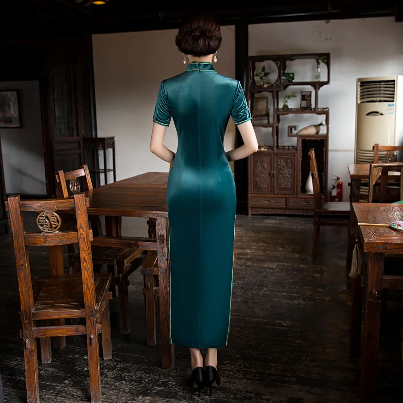 Черное длинное платье Ципао женское бархатное Qipao длинное китайское традиционное платье Qipao с коротким рукавом винтажное Cheongsams m-xxxl