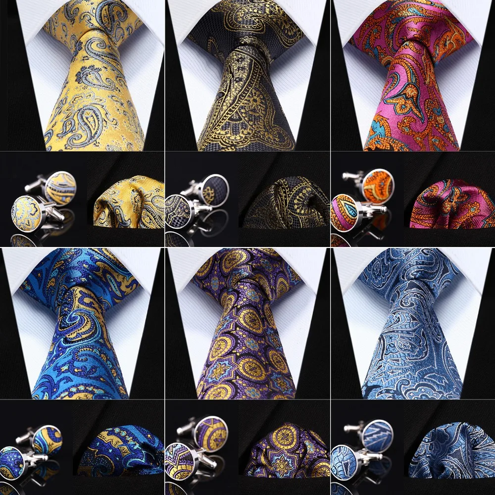 Men/'s Wedding Party Woven Silk Tie Handkerchief Cufflink Set Blue Black Paisley