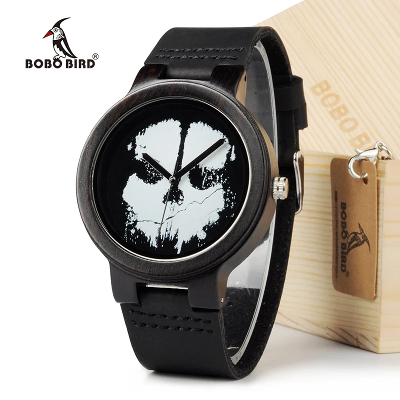 

BOBOBIRD D24 Ebony Black Wood Men's Watch With Skeleton Logo Luxury Brand Quartz Watch With Real Leather Strap In Gift Box