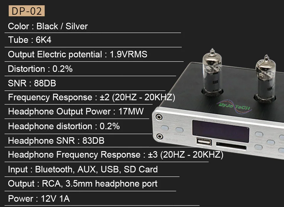 ByJoTeCH DP-02 Bluetooth 4.0 HiFi 6k4 Tube Amplifier Portable preamplifier Headphone Amplifier audio board U disk SD card input
