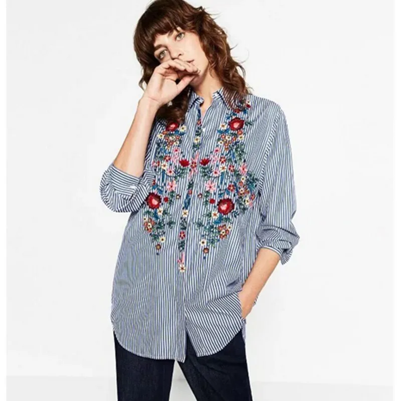 2016 Blue White Striped Print Flower Embroidery Shirt