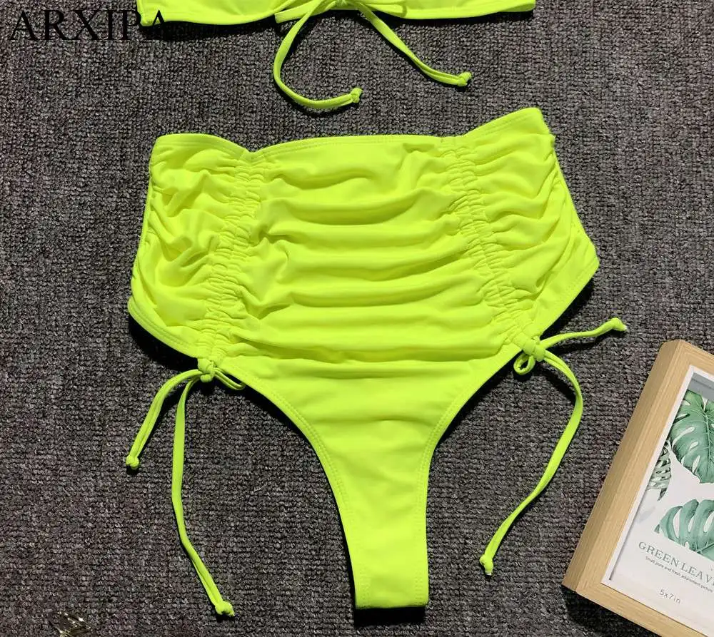 ARXIPA 2019 сексуальный комплект бикини с высокой талией с рюшами женский купальник на завязках Купальник бандо стринги пляжная повязка